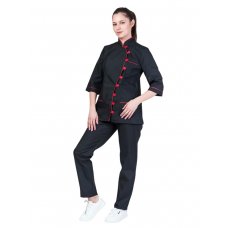 Костюм повара женский LightCook китель и брюки, черный с красным Костюм повара женский LightCook китель и брюки, черный с красным