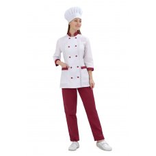 Поварская форма женская ChefNova с колпаком, белая с бордовым