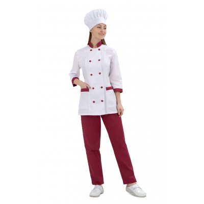 Поварская форма женская ChefNova с колпаком, белая с бордовым